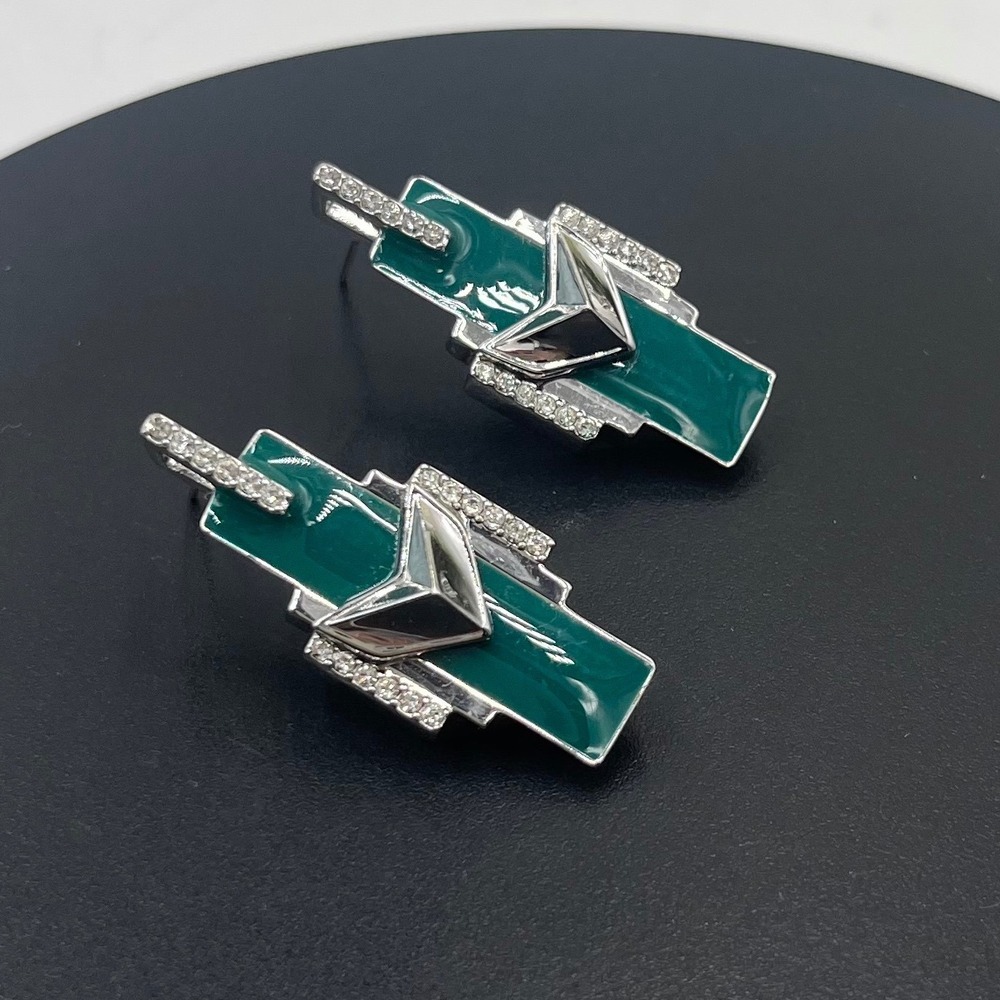 Rebecca Minkoff Vintage Art Deco Teal Green Enamel Rhinestone Drop Earrings